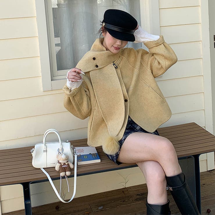 ゆるカワコーデ☆スカーフ付き デザイン性 上品 ウールコート | 17kg | 詳細画像43 