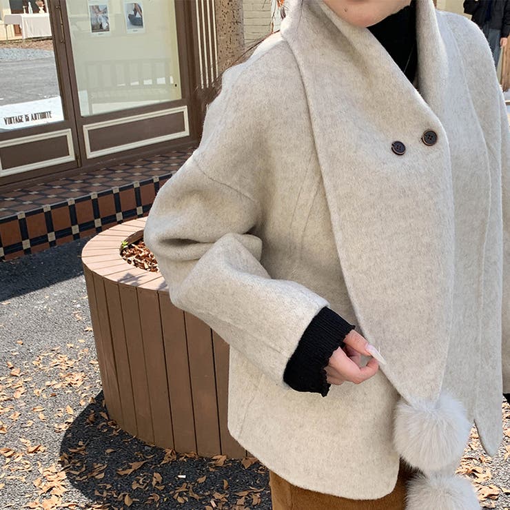 ベージュ | ゆるカワコーデ☆スカーフ付き デザイン性 上品 ウールコート | 17kg