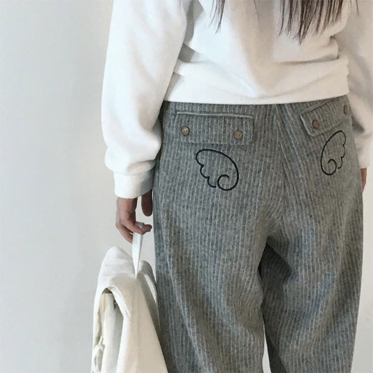 甘辛系ガールズ☆縦ストライプ×ウィング刺繍 ルーズストレートパンツ | 17kg | 詳細画像2 
