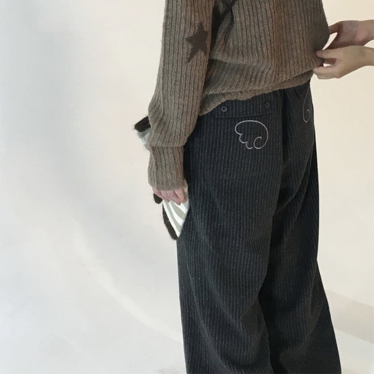 甘辛系ガールズ☆縦ストライプ×ウィング刺繍 ルーズストレートパンツ | 17kg | 詳細画像4 