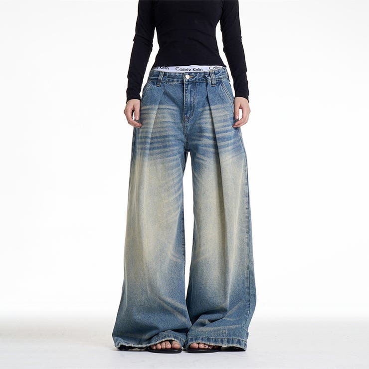 ユニセックス☆キャットヒゲ加工デニムワイドカジュアルパンツ | 17kg | 詳細画像1 