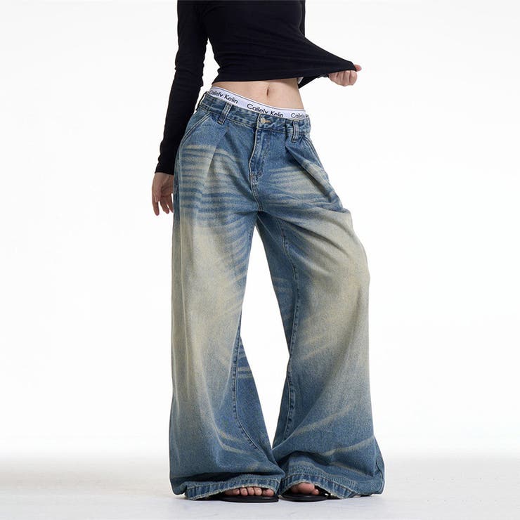 ユニセックス☆キャットヒゲ加工デニムワイドカジュアルパンツ | 17kg | 詳細画像2 