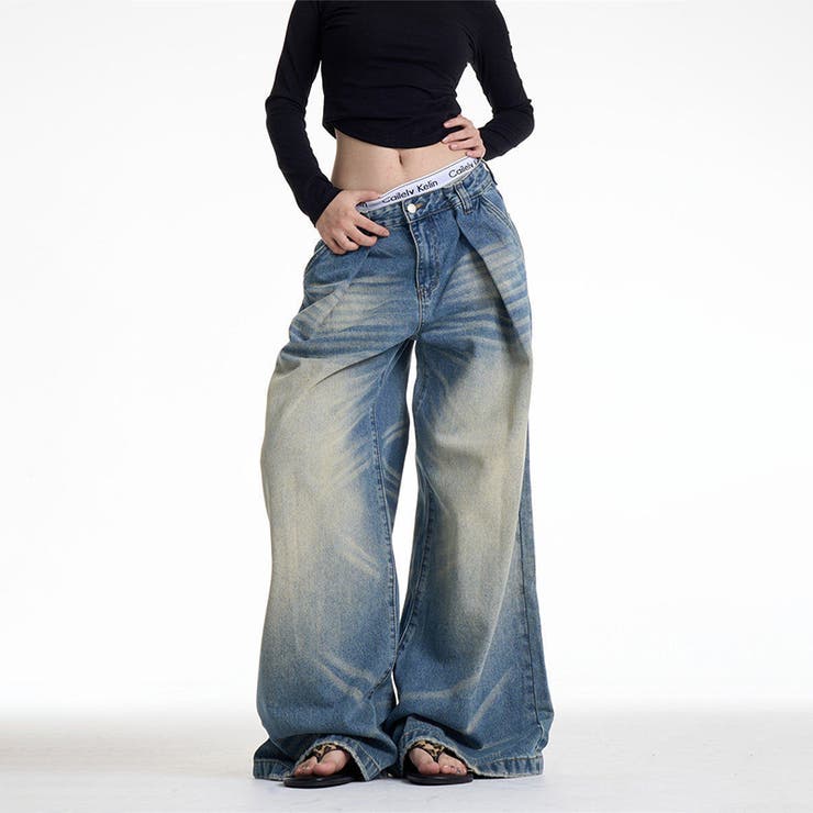 ユニセックス☆キャットヒゲ加工デニムワイドカジュアルパンツ | 17kg | 詳細画像7 