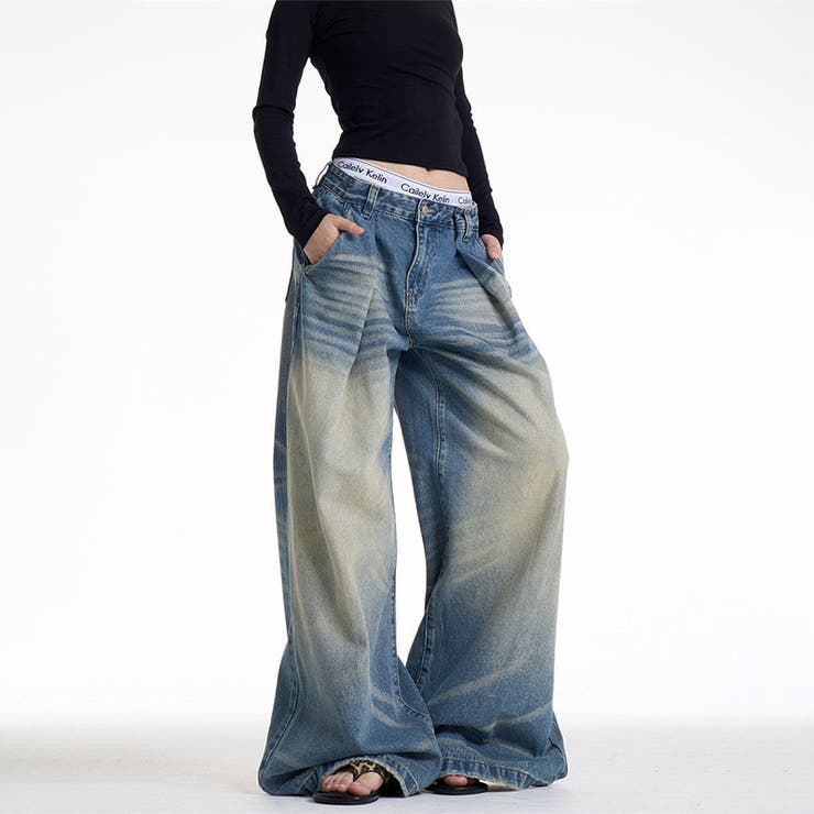 ユニセックス☆キャットヒゲ加工デニムワイドカジュアルパンツ | 17kg | 詳細画像8 