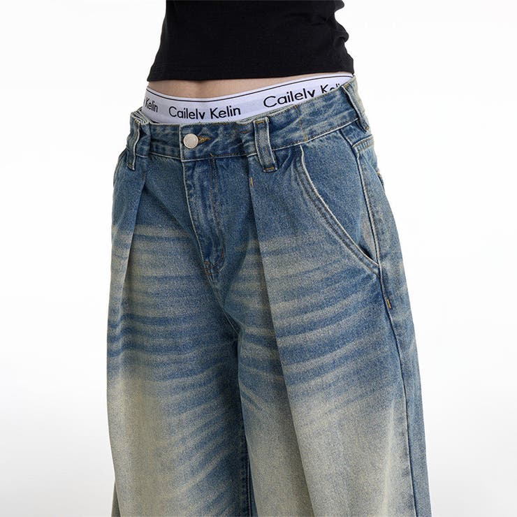 ユニセックス☆キャットヒゲ加工デニムワイドカジュアルパンツ | 17kg | 詳細画像10 