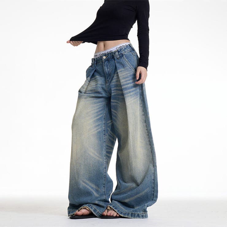 ユニセックス☆キャットヒゲ加工デニムワイドカジュアルパンツ | 17kg | 詳細画像11 