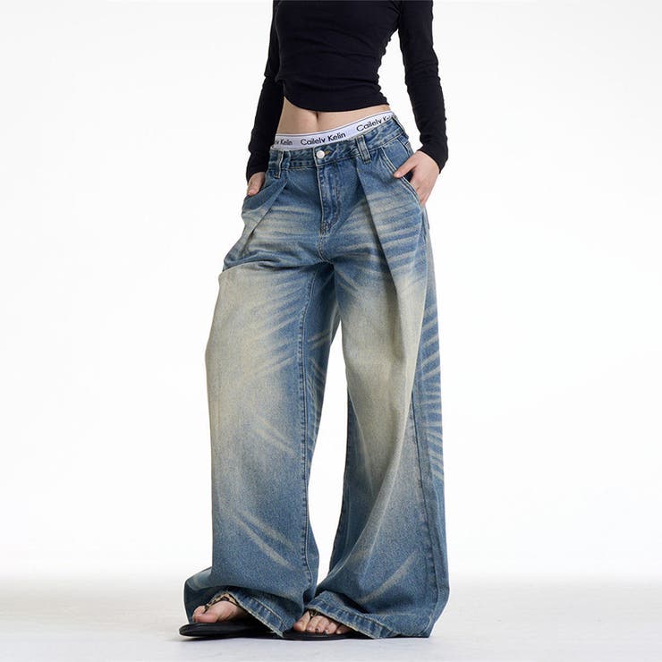 ユニセックス☆キャットヒゲ加工デニムワイドカジュアルパンツ | 17kg | 詳細画像12 