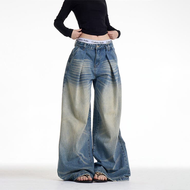 ユニセックス☆キャットヒゲ加工デニムワイドカジュアルパンツ | 17kg | 詳細画像4 