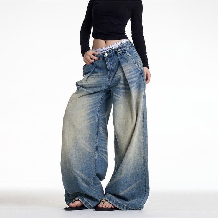 ユニセックス☆キャットヒゲ加工デニムワイドカジュアルパンツ | 17kg | 詳細画像5 