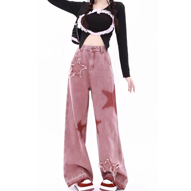 甘辛系ガールズ☆五つ星刺繍 フリンジ加工 ローウエスト デニムワイドパンツ | 17kg | 詳細画像2 