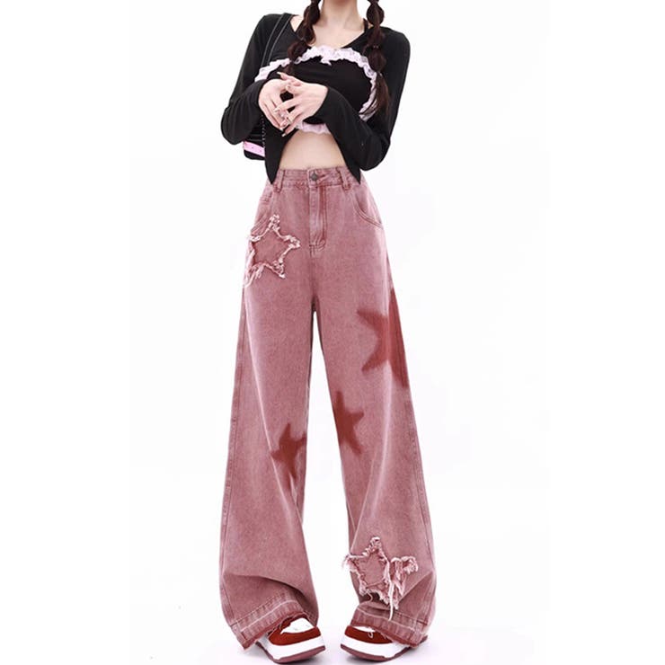 甘辛系ガールズ☆五つ星刺繍 フリンジ加工 ローウエスト デニムワイドパンツ | 17kg | 詳細画像7 