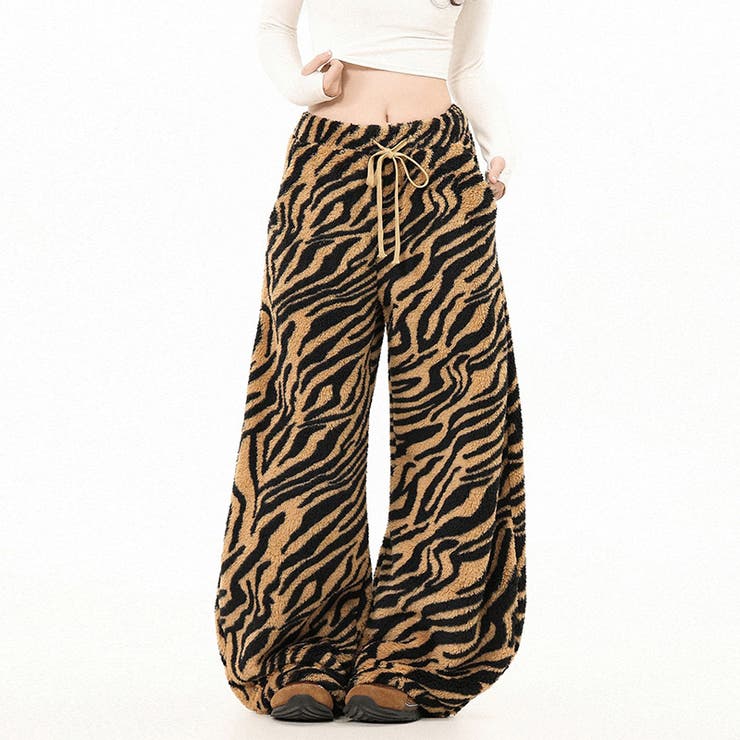 甘辛系ガールズ☆起毛 厚手 カーブシルエットタイガー柄 ボア ワイドパンツ | 17kg | 詳細画像3 