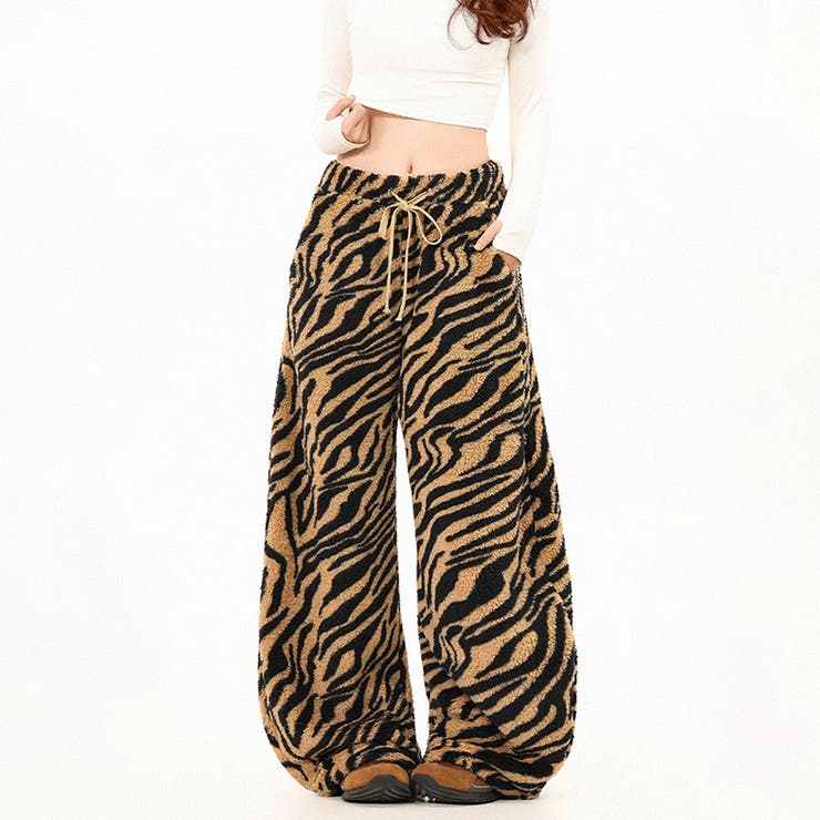 甘辛系ガールズ☆起毛 厚手 カーブシルエットタイガー柄 ボア ワイドパンツ | 17kg | 詳細画像16 