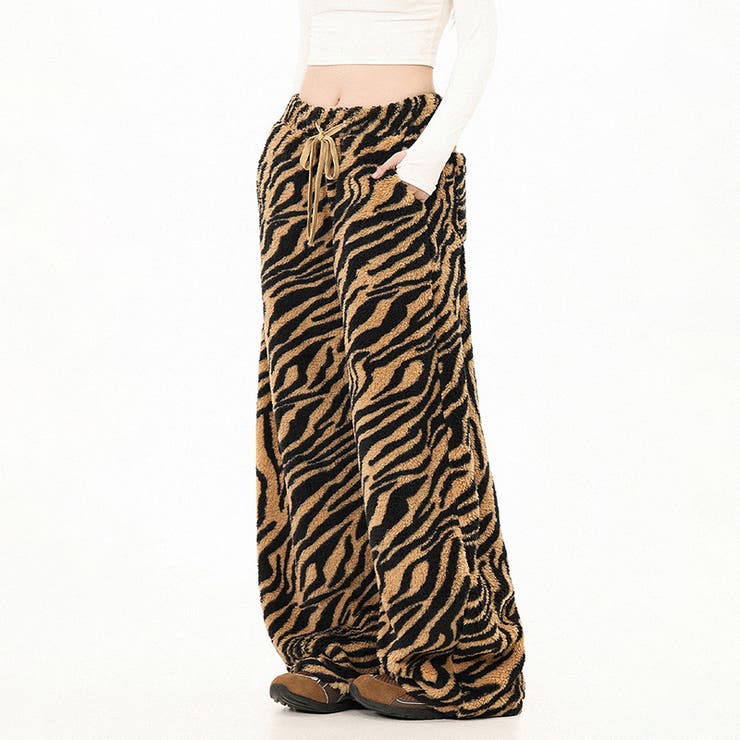 甘辛系ガールズ☆起毛 厚手 カーブシルエットタイガー柄 ボア ワイドパンツ | 17kg | 詳細画像17 