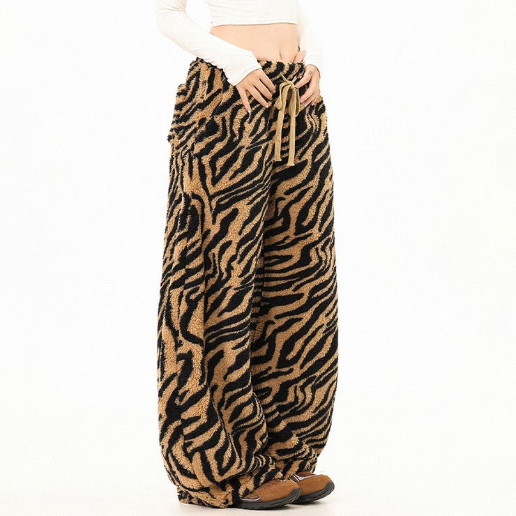 甘辛系ガールズ☆起毛 厚手 カーブシルエットタイガー柄 ボア ワイドパンツ | 17kg | 詳細画像6 