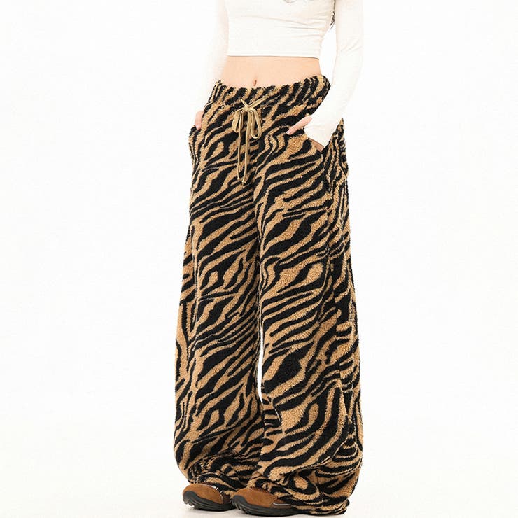 甘辛系ガールズ☆起毛 厚手 カーブシルエットタイガー柄 ボア ワイドパンツ | 17kg | 詳細画像7 