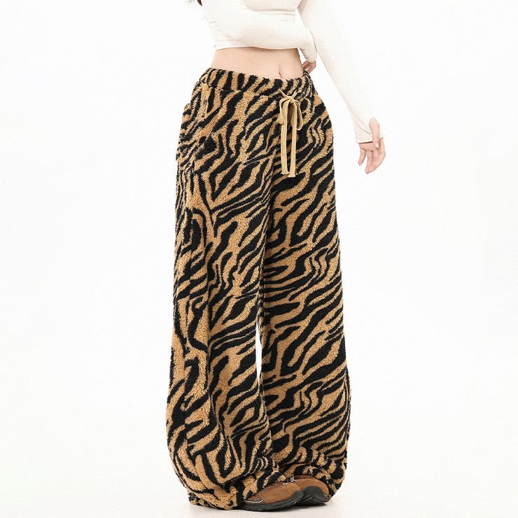 甘辛系ガールズ☆起毛 厚手 カーブシルエットタイガー柄 ボア ワイドパンツ | 17kg | 詳細画像8 