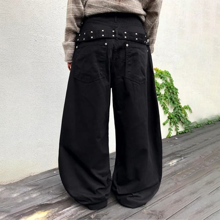 ブラック | ユニセックス☆背面スタッズ装飾 ベルトハイウエスト デニムロングパンツ | 17kg