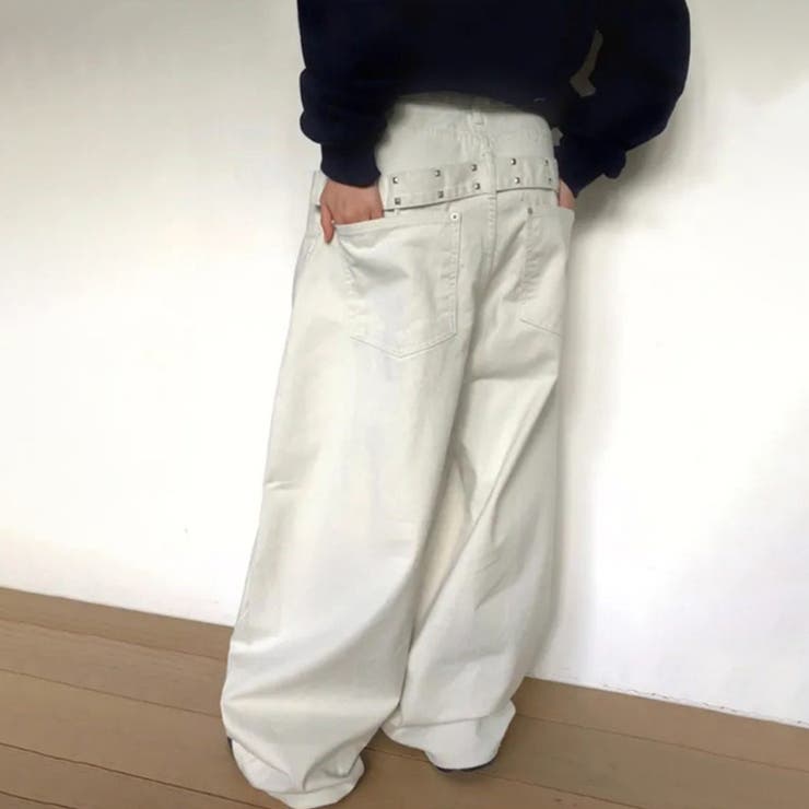 ユニセックス☆背面スタッズ装飾 ベルトハイウエスト デニムロングパンツ | 17kg | 詳細画像2 