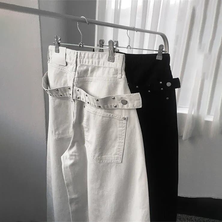 ユニセックス☆背面スタッズ装飾 ベルトハイウエスト デニムロングパンツ | 17kg | 詳細画像5 