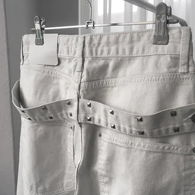 ユニセックス☆背面スタッズ装飾 ベルトハイウエスト デニムロングパンツ | 17kg | 詳細画像6 