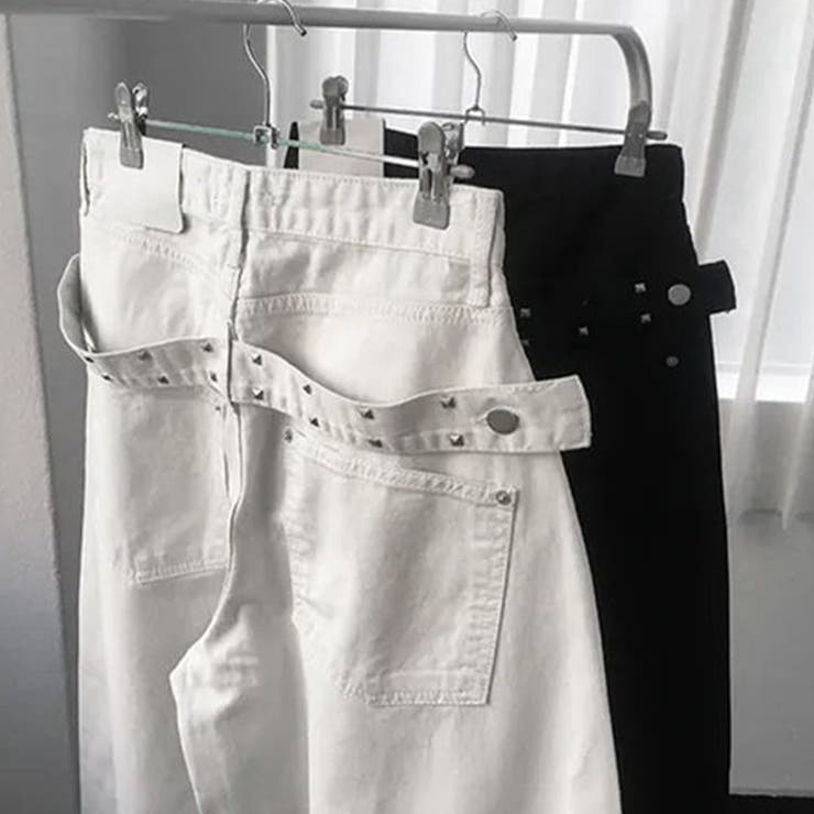 ユニセックス☆背面スタッズ装飾 ベルトハイウエスト デニムロングパンツ | 17kg | 詳細画像7 