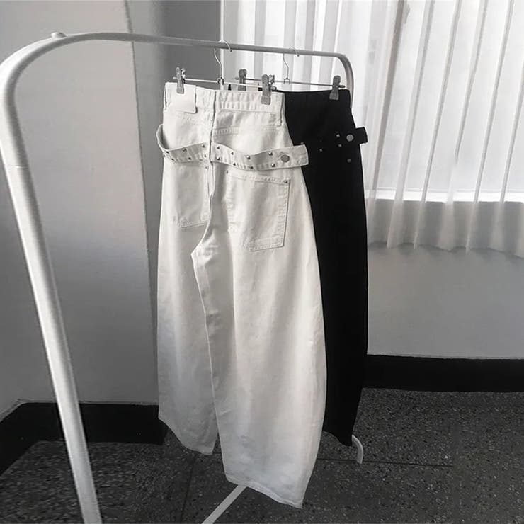 ユニセックス☆背面スタッズ装飾 ベルトハイウエスト デニムロングパンツ | 17kg | 詳細画像9 