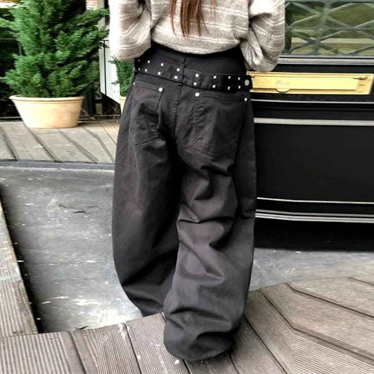 ユニセックス☆背面スタッズ装飾 ベルトハイウエスト デニムロングパンツ | 17kg | 詳細画像4 