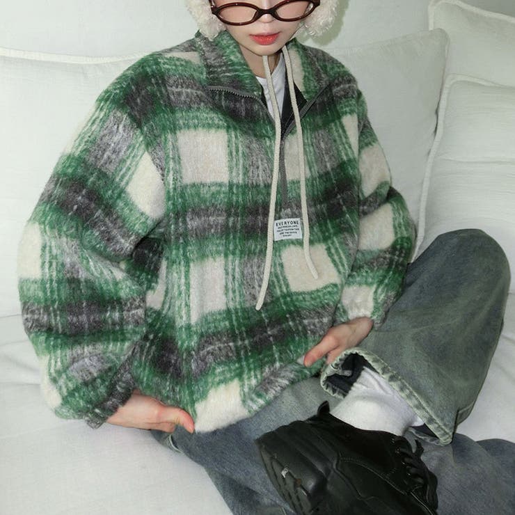 気負わず快適☆レトログリーン チェック柄 ジップアップ ファースウェット | 17kg | 詳細画像1 