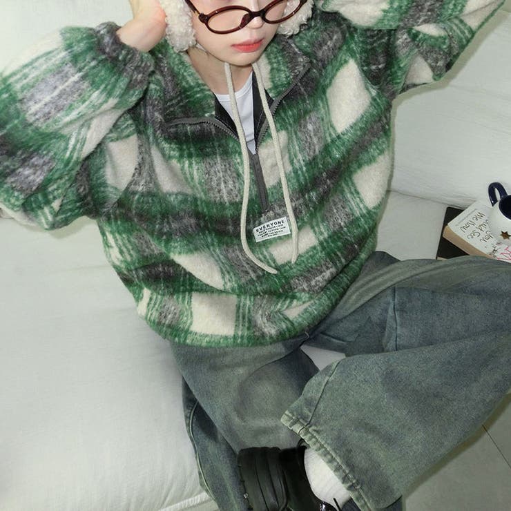 気負わず快適☆レトログリーン チェック柄 ジップアップ ファースウェット | 17kg | 詳細画像5 