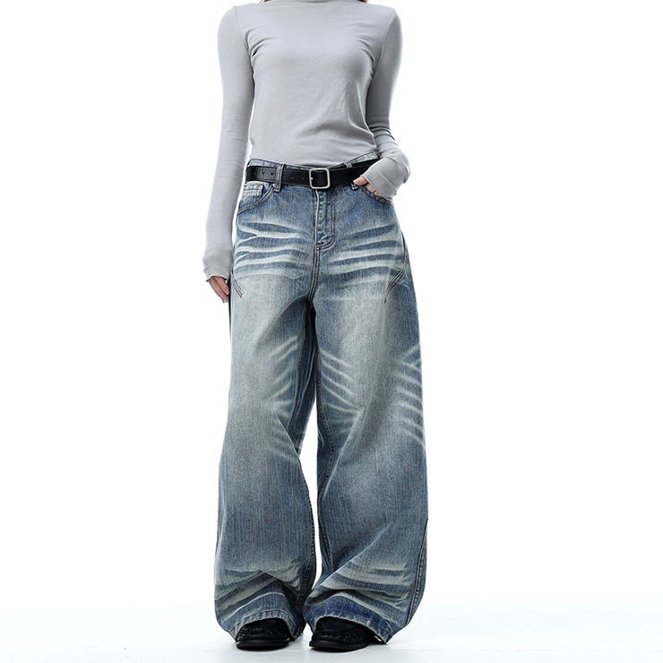 ユニセックス☆ウォッシュ加工 キャットヒゲワイド カーブデニムパンツ | 17kg | 詳細画像1 