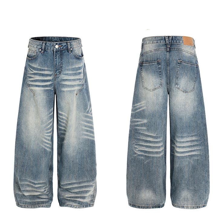 ユニセックス☆ウォッシュ加工 キャットヒゲワイド カーブデニムパンツ | 17kg | 詳細画像6 