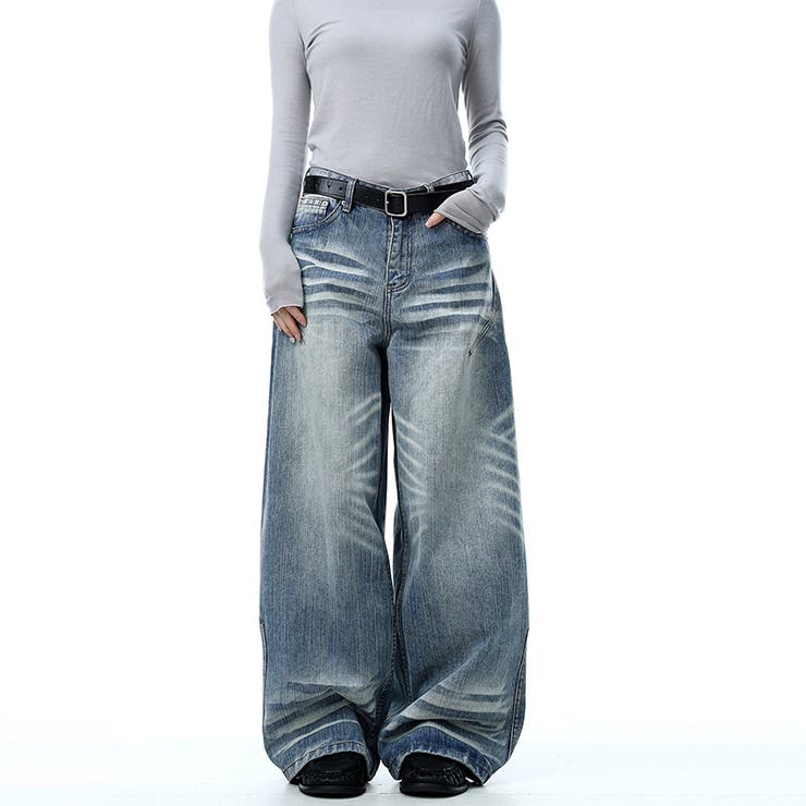 ユニセックス☆ウォッシュ加工 キャットヒゲワイド カーブデニムパンツ | 17kg | 詳細画像8 