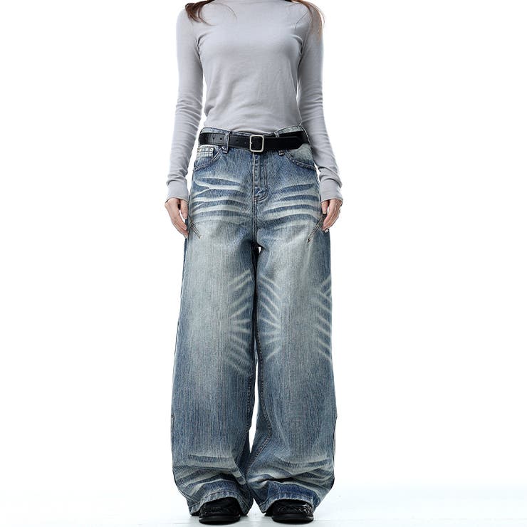 ユニセックス☆ウォッシュ加工 キャットヒゲワイド カーブデニムパンツ | 17kg | 詳細画像9 