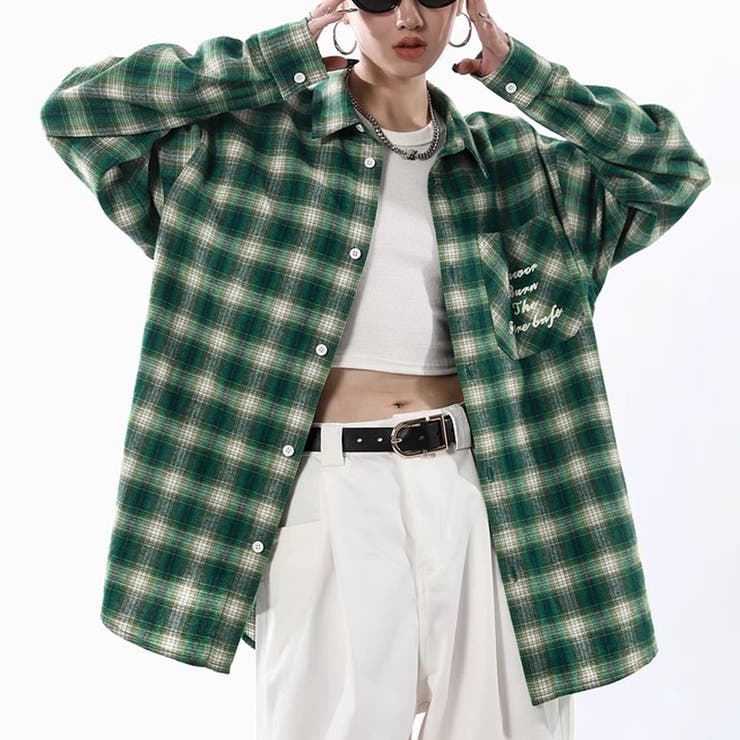グリーン | ユニセックス☆配色チェック柄 長袖シャツ若々しい ルーズフィット | 17kg