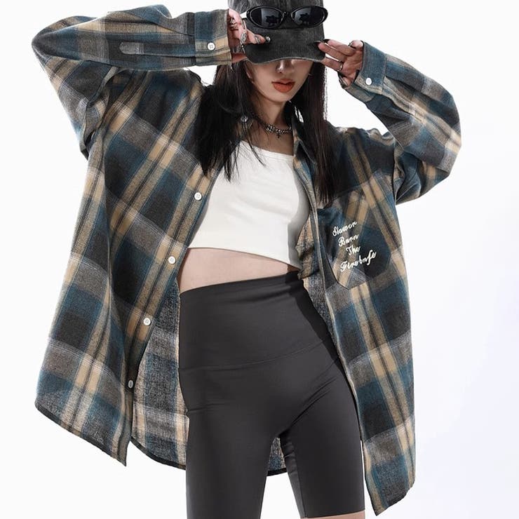 ブルー | ユニセックス☆配色チェック柄 長袖シャツ若々しい ルーズフィット | 17kg