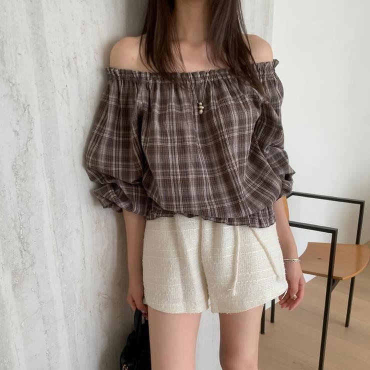 甘辛系ガールズ☆【春】フェミニン オフショルダー チェック柄シャツ | 17kg | 詳細画像1 