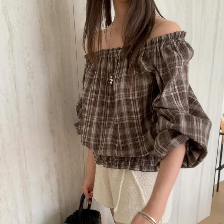 甘辛系ガールズ☆【春】フェミニン オフショルダー チェック柄シャツ | 17kg | 詳細画像2 