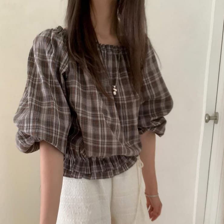 コーヒー | 甘辛系ガールズ☆【春】フェミニン オフショルダー チェック柄シャツ | 17kg