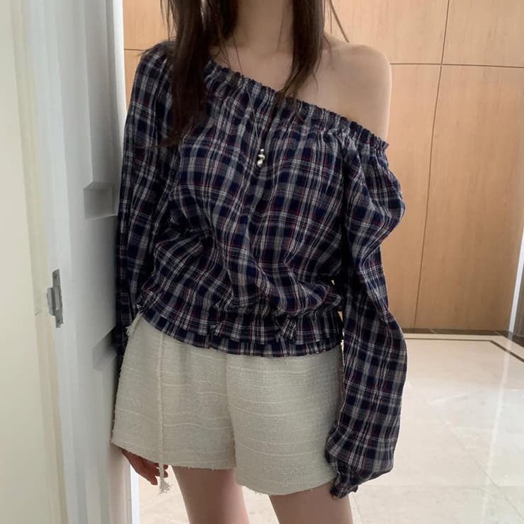 甘辛系ガールズ☆【春】フェミニン オフショルダー チェック柄シャツ | 17kg | 詳細画像3 