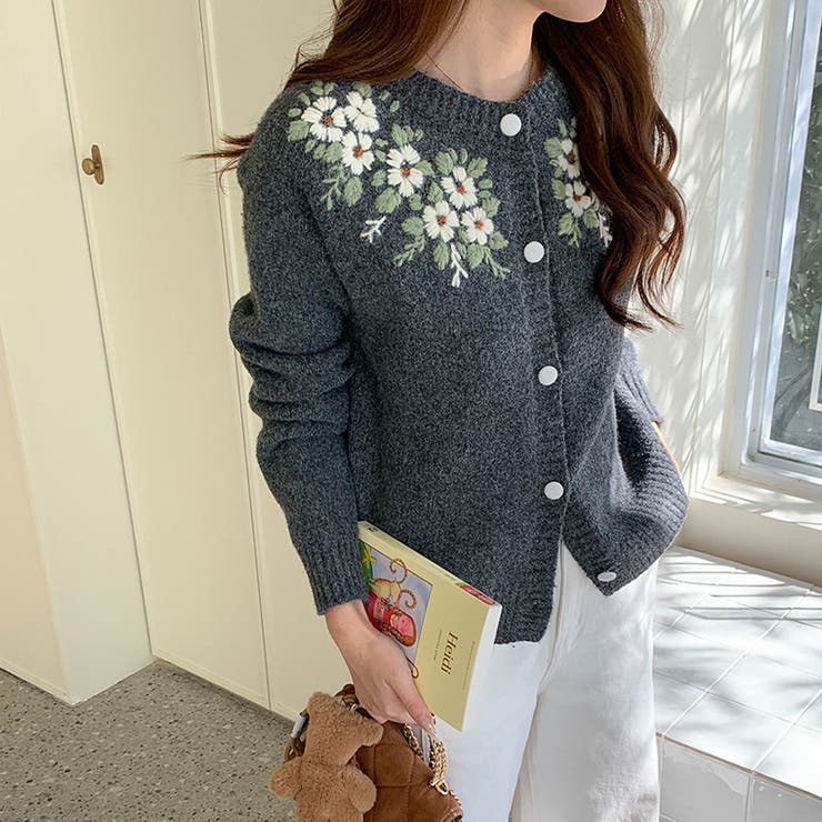 グレー | 甘辛系ガールズ☆【春】刺繍かぎ編み クルーネックニットカーディガン | 17kg