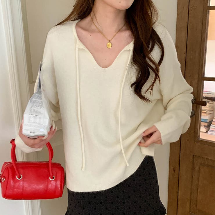 ベージュ | 甘辛系ガールズ☆【春】リボン付き Vネック ルーズニットセーター | 17kg