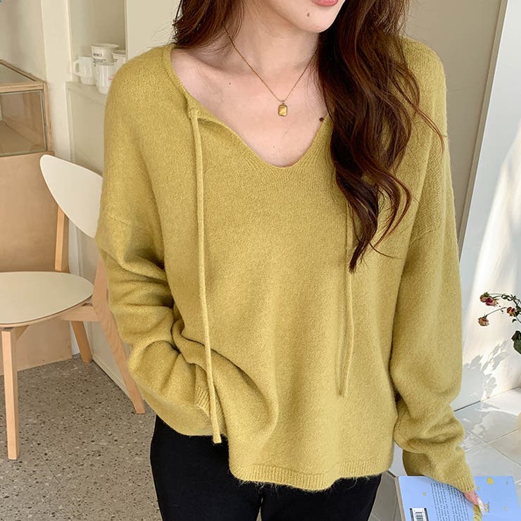 グリーン | 甘辛系ガールズ☆【春】リボン付き Vネック ルーズニットセーター | 17kg