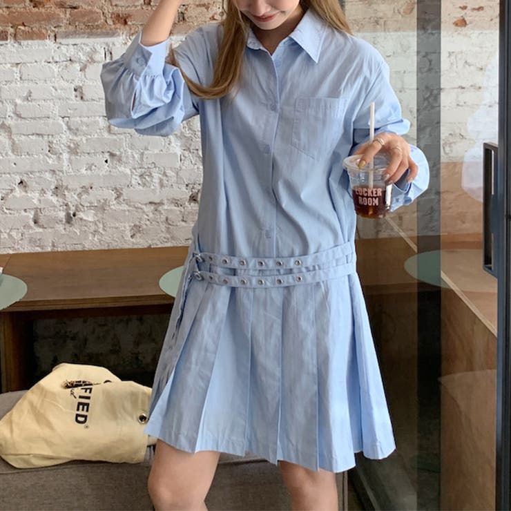ブルー | 甘辛系ガールズ 【春】ダブルウエストベルト装飾 シャツワンピースプリーツスカート | 17kg