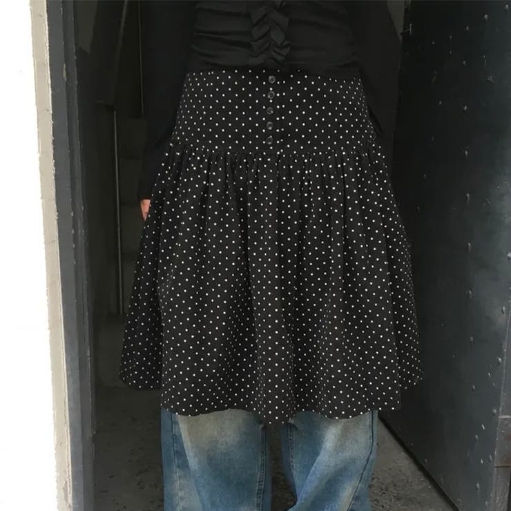 ブラック | 今季トレンド☆【春】スーツ素材ドット柄 フレアスカート体型カバー ミディ丈 | 17kg