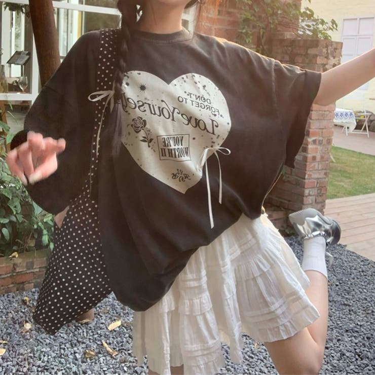 ミレニアル学園風 【春】ハートプリント ルーズTシャツ＋ホワイト | 17kg | 詳細画像2 