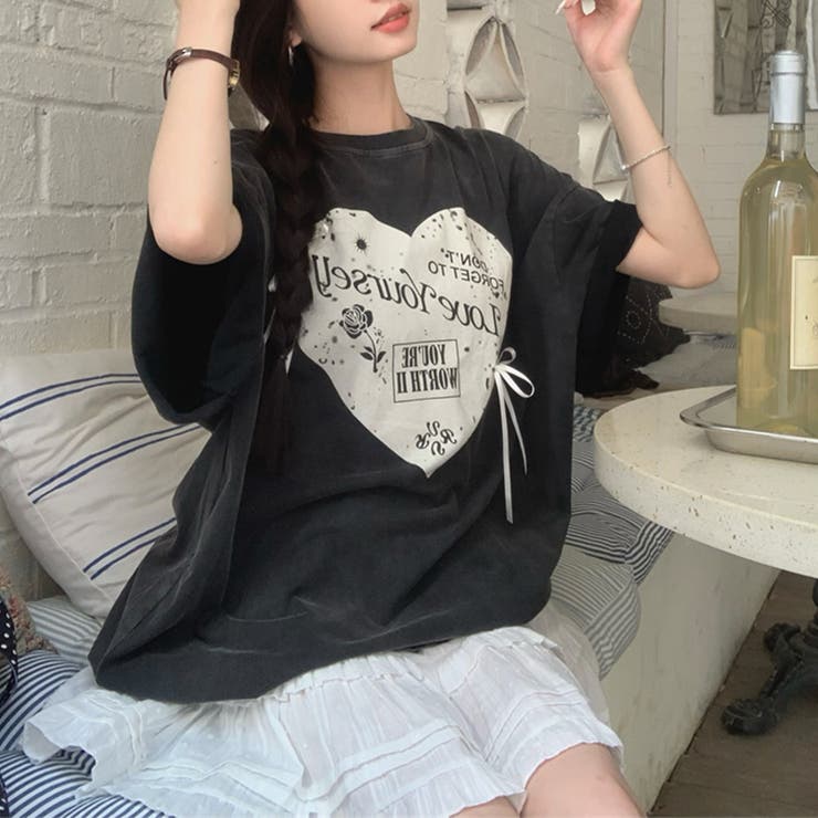ミレニアル学園風 【春】ハートプリント ルーズTシャツ＋ホワイト | 17kg | 詳細画像13 