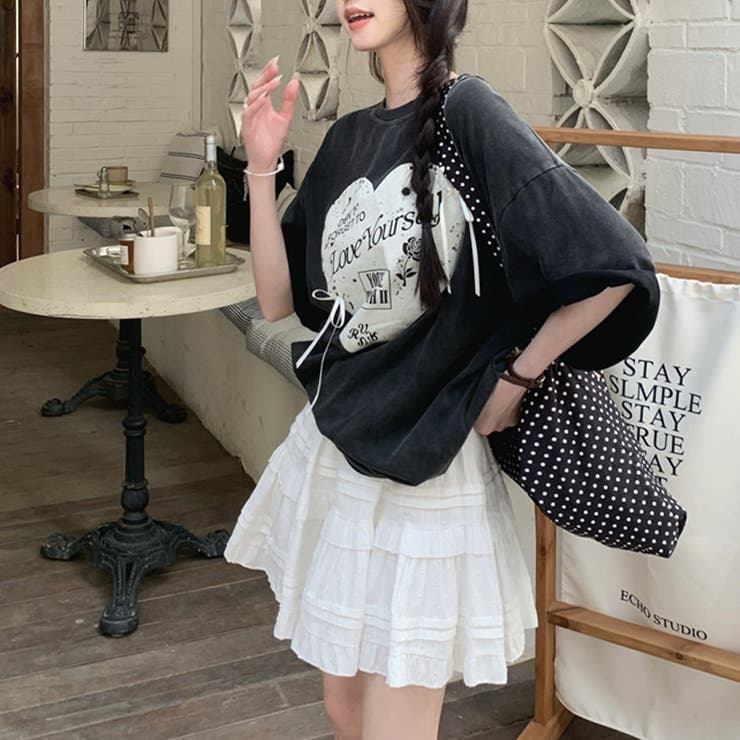 ミレニアル学園風 【春】ハートプリント ルーズTシャツ＋ホワイト | 17kg | 詳細画像14 