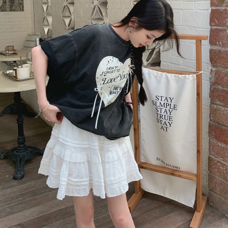 ミレニアル学園風 【春】ハートプリント ルーズTシャツ＋ホワイト | 17kg | 詳細画像15 