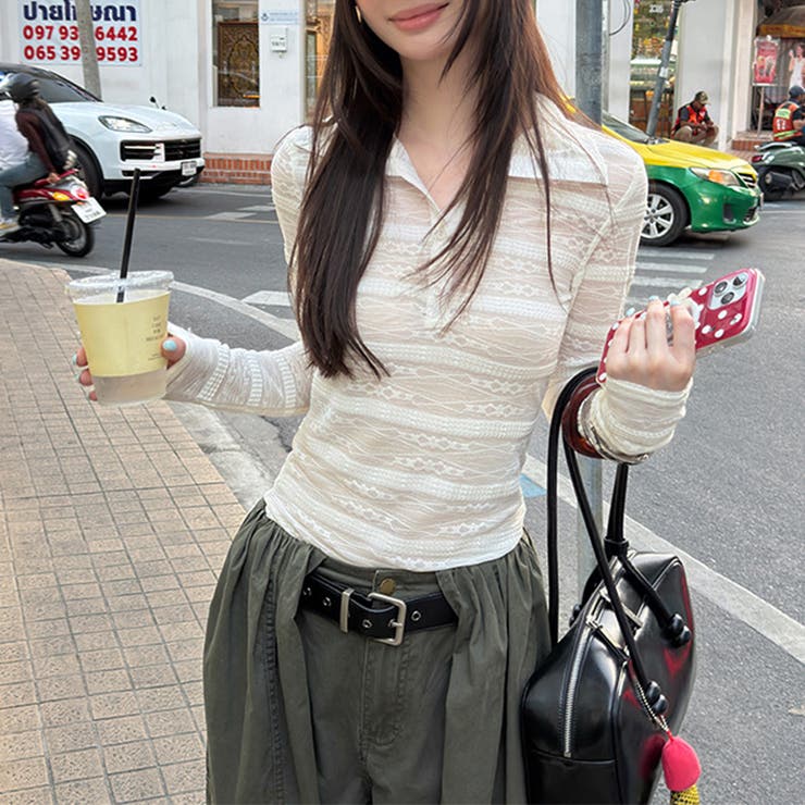 甘辛系ガールズ☆【春】レース切り替え フリルネック 長袖Tシャツ | 17kg | 詳細画像1 